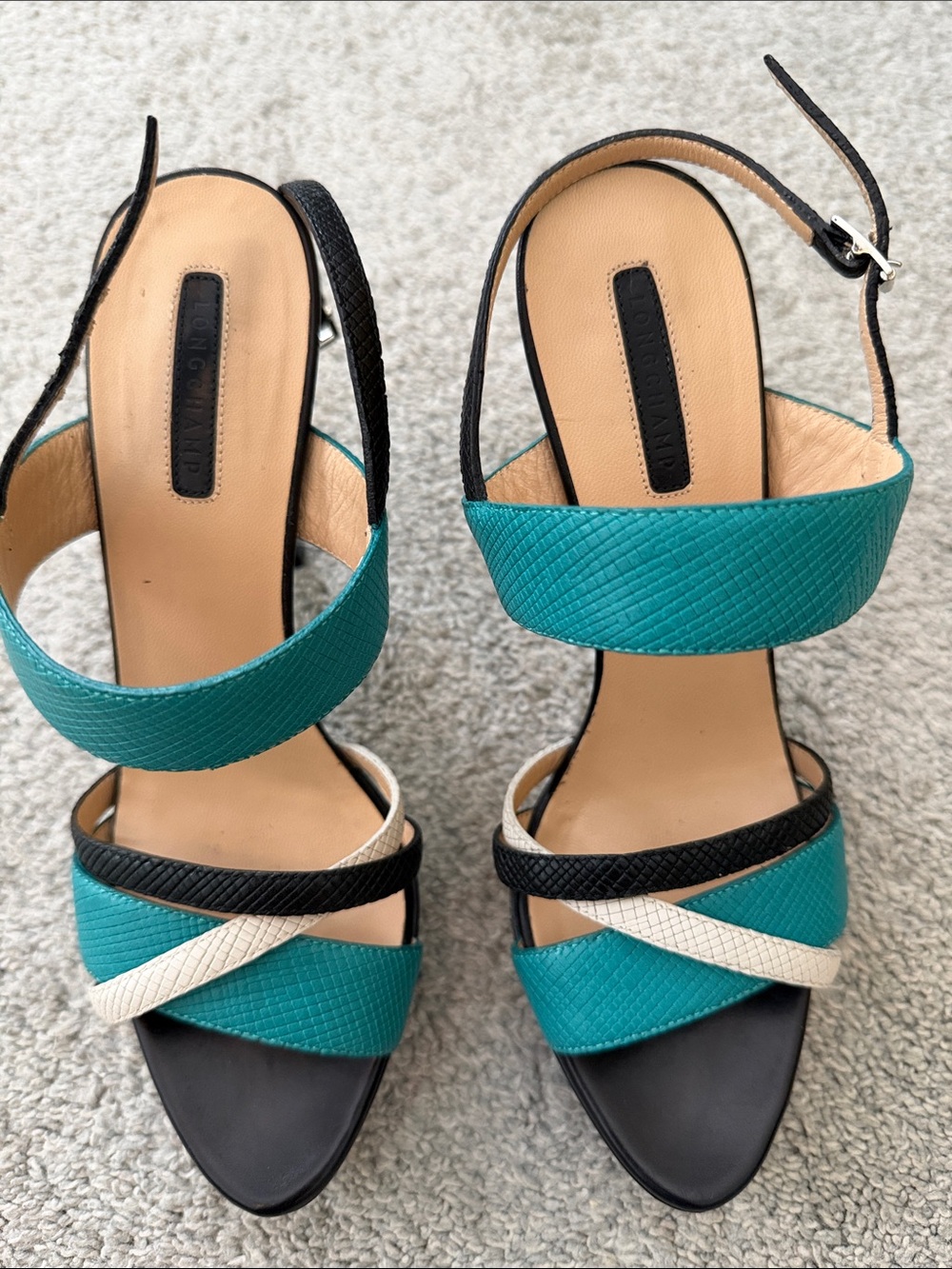 Longchamp Turquoise, Black and Cream Strappy Slingback Heels